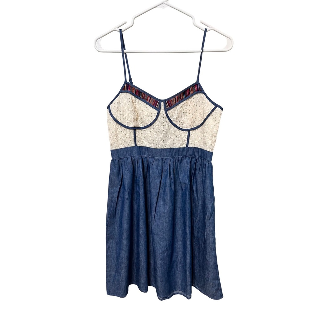 Flying Tomato Women Blue Denim Eyelet Lace Boho Sun‎ Dress ID11814 Medium